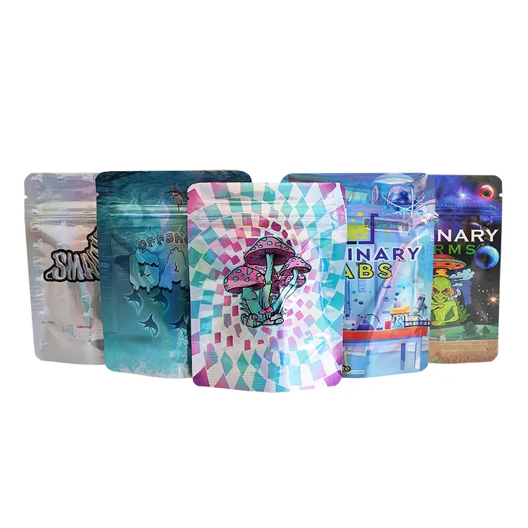 Custom Printed 3.5g 7g 14g 28g Edibles Packaging Holographic Resealable Smell Proof Stand Up Pouch ZipLock Mylar Bags