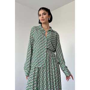 Elegante Conjunto de Camisa y Falda de Viscosa Estampada Verde para Mujer, Traje de Crepé de Manga Larga, Estilo Vestido Maxi Transpirable - Product Image 4