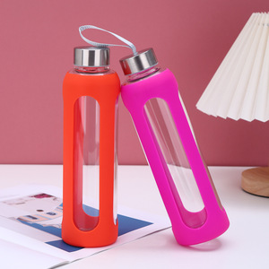 Botella de Agua de Vidrio Borosilicato Transparente Personalizada BORGE de 501-600 ml con Funda de Silicona para Bebidas, Deportes al Aire Libre - Product Image 3