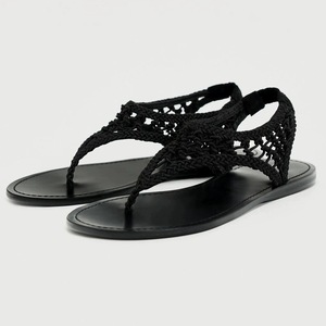 Sandales plates pour femmes, noires, à bout ouvert, avec lanières en corde tressée, semelle respirante en PU, tendance mode été - Product Image 1
