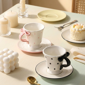 Customized Bow-Tie Porcelain Coffee <b>Cup</b> <b>Saucer</b> Set Floral Polka Dot Design Hand-Painted Classic Aesthetic Eco-Friendly - Product Image 1