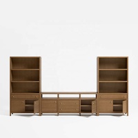 Meuble TV mural modulaire Japandi 141,7 pouces, console multimédia en bois avec étagères latérales, boutons dorés, luxe