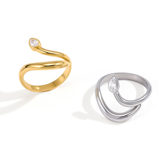 J&D Jewelry Stainless Steel Snake Open Ring for Women White Teardrop Zirconia Classic Adjustable Double Layer Jewelry
