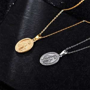 Classique Ovale Plaque Pendentif Religion Colliers Argent Plaqué Or En Acier Inoxydable Chaîne Vierge Marie Relief Colliers - Product Image 2