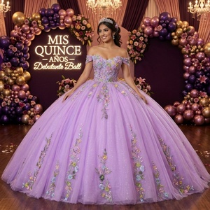 Lsany274 Elegante Vestido de Quinceañera con Corsé Lavanda, Escote Corazón, Apliques de Encaje Floral y Cola Circular Tipo Catedral Jancember - Product Image 1