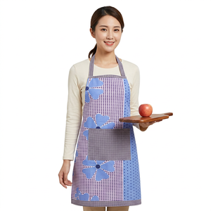 Bib <b>Apron</b> With Blue Flower Pattern And Checkered Design For Cooking Daily Use Machine Washable Textile Material - Product Image 1