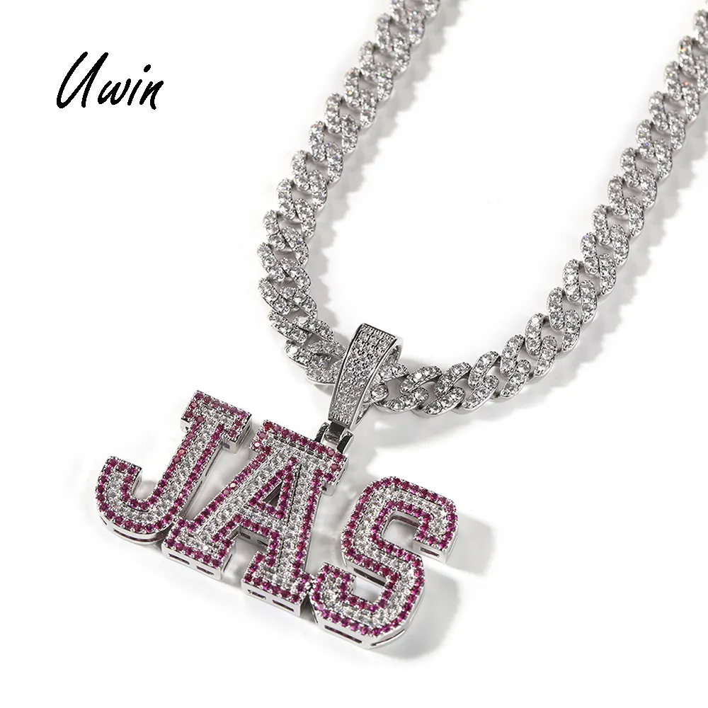 Hip Hop New Blue CZ Name Anhänger Benutzer definierte zweifarbige Farbe Buchstaben Halskette Messing Rosa Frauen Mann Schmuck Hohe Qualität