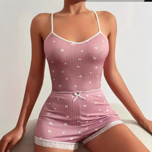 Pyjama en forme de cœur de pêche pour femmes, printemps/été, ensemble trois pièces doux et mignon, short et pantalon en coton de haute qualité, sexy - Product Image 2