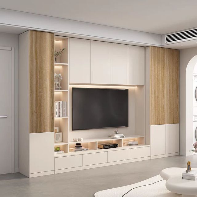 Modern Floating Wooden TV Cabinet for Home Hotel Hospital Living Room with LED Lighting Wall Mount