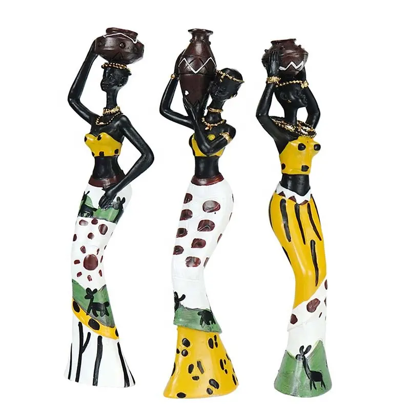 3 Buah/Set Patung Orang Khas Afrika Fitur Tradisional Resin Afrika Patung Hitam Eksotis Dekorasi Rumah Desktop