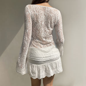 Purely seductive style hot girl lace see-through twisted knot design <b>V</b>-<b>neck</b> <b>T</b>-<b>shirt</b> resort style versatile sunscreen thin top - Product Image 6