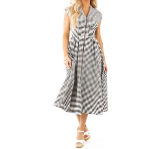 Nouvelle robe d'été pour femme avec logo personnalisé, col en V, sans manches, taille smockée, fermeture éclair, robe midi à carreaux - Product Image 1