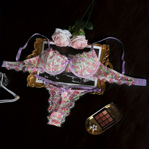 Women's Sexy Countryside Style Fragmented Flower Lace Embroidery Gathering Underwear Set With <b>Perspective</b> Mesh Bow Two Piece Set - Product Image 1