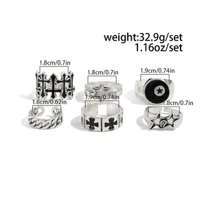 6-teiliges Hip-Hop Fünfzackiger Stern Ringset für Männer Punk Mode Schwarzer Öltropfen Kreuz Geometrischer Dicker Fingerring Männlicher Party-Schmuck - Product Image 6