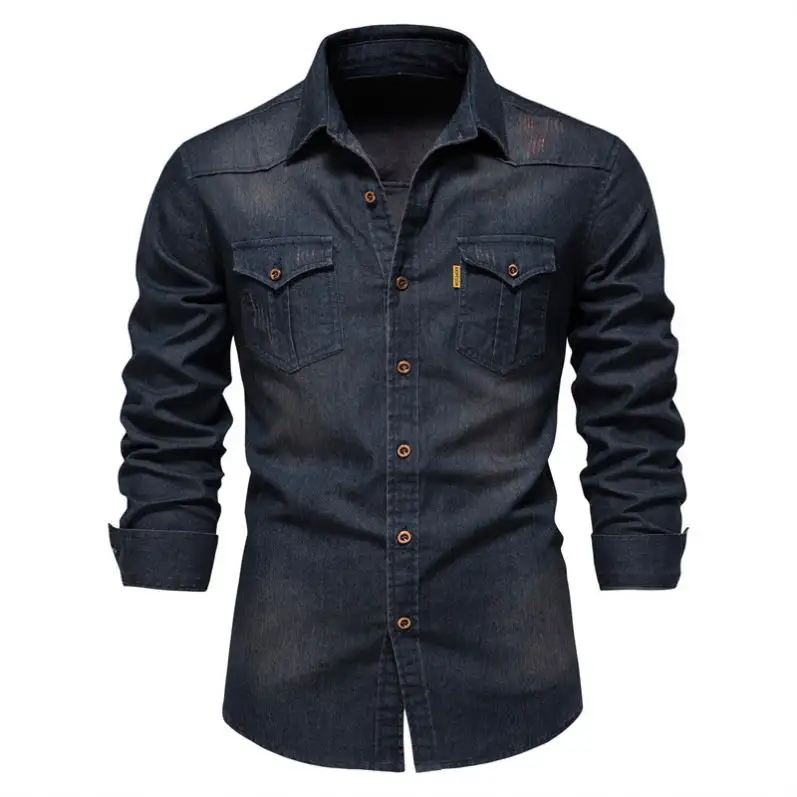 Chemises Denim Printemps pour Hommes en Coton à Manches Longues Doubles Poches Jeans Élastiques Bleus sans Repassage Tops Cowboy Clothing Shirt