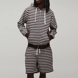 Completo da <span class=keywords><strong>Uomo</strong></span> Personalizzato con Felpa con Zip a Righe e Pantaloncini in Spugna, Set Lounge 2 Pezzi Marrone <span class=keywords><strong>Beige</strong></span>, <span class=keywords><strong>Tuta</strong></span> Casual All'ingrosso - Product Image 1
