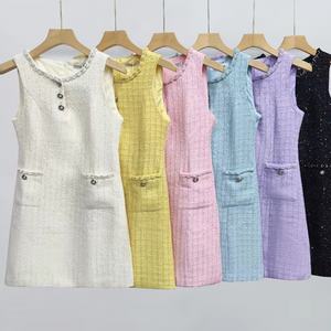 Vestido de Tweed con Lentejuelas, Cuello Redondo, Sin Mangas, Cintura Natural, Midi, para Mujer, de Alta Calidad, Personalizado al por Mayor, OEM, ODM - Product Image 1