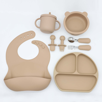 Ensemble d'alimentation pour bébé en silicone avec bavoir, assiette compartimentée, bol en forme d'ours, tasse à bec verseur, cuillère et fourchette en acier inoxydable