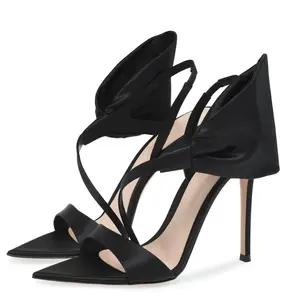 Stiletto Heel Pointed Toe Sandals Black Prom Woman Lilac Satin High Heels With Bow New Arrivals 2023