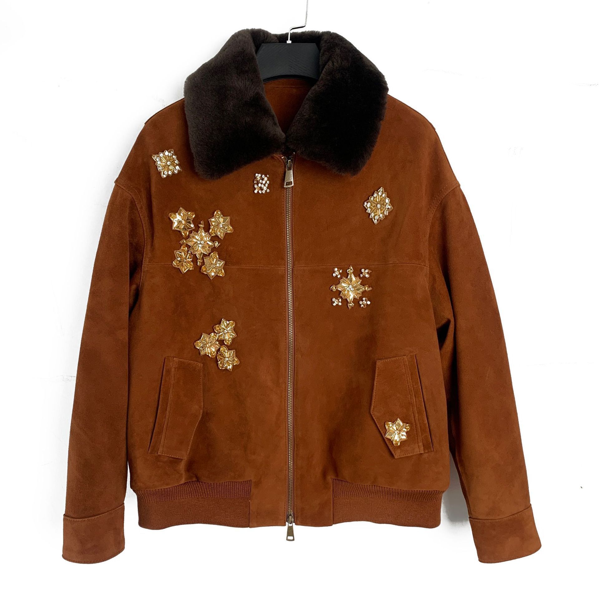 2025 Fashion Genuine Leather Coat Brown Real Suede Jacket With Beading and Detachable Fur Collar for Women