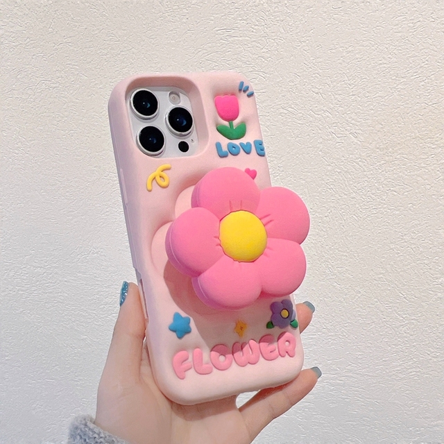 3D Flower Soft Silicone Gel Case for Iphone 17 16 Pro Max 15 Plus 14 Pro 13 12 Back Phone Cover With Pop Stand