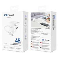 Chargeur rapide Type-C Miccell 45W GaN USB-C avec câble Type-C intégré, prises US, UK, EU pour iPhone, tablette