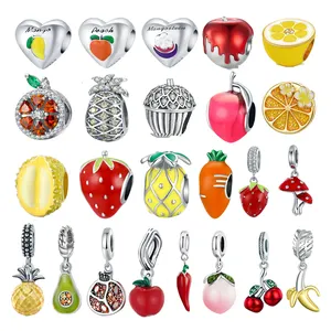 Fashion Women Jewelry Fruit Charms 925 Sterling Silver Heart Shape Mango Peach Mangosteen Beads Pendant DIY Bracelet Accessories