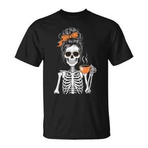Camiseta para mujer con diseño de esqueleto de Halloween Messy Bun Coffee Mom - Product Image 1