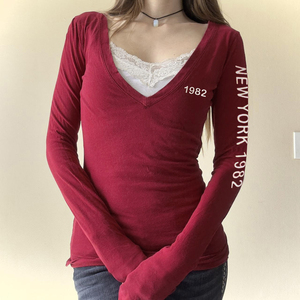 Blusa de punto Y2K para mujer, roja, con cuello en V, estampado de letras digital, anti-bolitas, manga larga, ajustada, sexy, informal, estilo urbano - Product Image 3