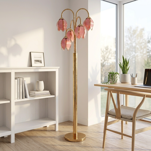 Lampe sur pied en verre rose à 5 têtes, douille E26, base en métal plaqué or - Product Image 3