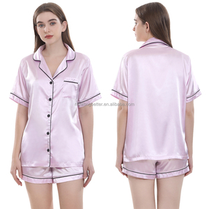 Pijamas de Seda y Satén de 2 Piezas para <span class=keywords><strong>Mujer</strong></span>, Manga Corta, 21 Colores, Cuello Camisero, para Novia, Dama de Honor, Fiesta, Alta Calidad, Gran Venta - Product Image 4