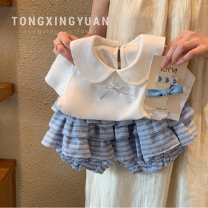Tongxingyuan Girls Summer Two Piece Set Cotton Striped Shorts White T Shirt Kids Outfit - Product Image 4
