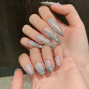 Unghie Finte Asimmetriche Fatte a Mano, Corte Quadrate e Lunghe Appuntite, Effetto Gelatina Nude Aurora Sirena, Nail Art Stile Y2K con Stelle - Product Image 2