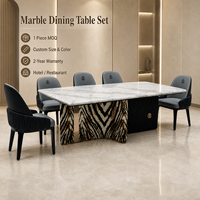Ensemble de table à manger ronde moderne de luxe avec plateau en marbre, 8 places, base à motif zèbre avec chaises rembourrées pour hôtel, restaurant