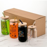 Gobelet en verre transparent pour jus et boissons de 16 oz, gobelets en verre givré transparent avec couvercle en bambou anti-fuite et paille en verre