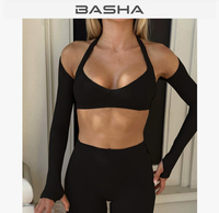 Nouvel ensemble de sport 3 pièces pour femme : haut à manches longues coupe ajustée, séchage rapide, ensemble de yoga sexy, soutien-gorge court à encolure licou et short