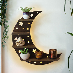 Wooden Moon Butterfly <b>Wall</b> Shelf 3 Tier Irregular Shape Decorative Crystal <b>Display</b> For Bedroom - Product Image 4