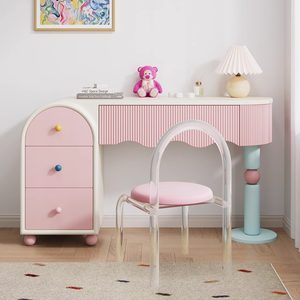 Pastel Pink Makeup <strong>Vanity</strong> Desk With 3 Drawers, Wavy Edge Dressing <strong>Table</strong> for <strong>Girls</strong> Bedroom - Product Image 3