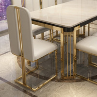 Ensemble de table et chaises de salle à manger de luxe moderne avec plateau en marbre, structure en acier inoxydable, imperméable, design rectangulaire 8 places