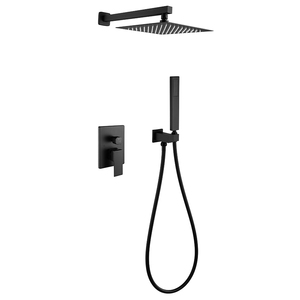 Système de douche <span class=keywords><strong>noir</strong></span> mat avec vanne carrée encastrée, support mural carré, pommeau de pluie carré, double sortie et douchette à main carrée avec flexible - Product Image 1