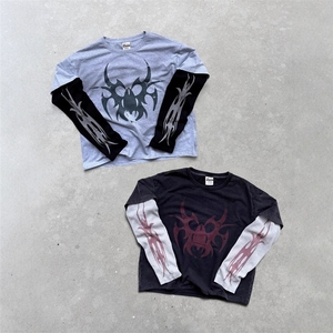 T-Shirt Gotica di <span class=keywords><strong>Alta</strong></span> Qualità per Uomo, Manica Lunga a Doppio Strato, Personalizzata, Vintage, Effetto Invecchiato, Lavata, Nera - Product Image 1