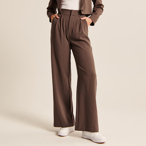 Oem produttore personalizzato Casual con tasche laterali a vita alta con cerniera a pieghe a gamba larga marrone <span class=keywords><strong>pantaloni</strong></span> da <span class=keywords><strong>donna</strong></span> - Product Image 1