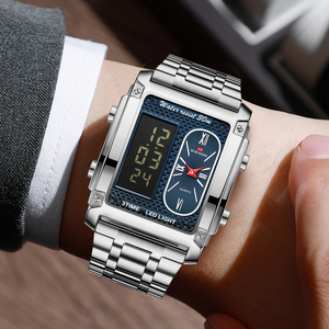 Montre-bracelet numérique analogique à double affichage pour hommes, bracelet en acier, montre électronique multifonction - Product Image 6
