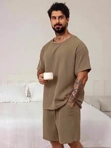 Pyjama en bambou marron pour homme, logo personnalisé, vêtements en gros, pantalon de nuit, ensembles de pyjamas à manches courtes, vêtements de maison tricotés pour homme - Product Image 3