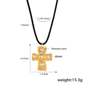 Joyería de moda de acero inoxidable 18K chapado en oro colorido Zirconia Cruz colgante <span class=keywords><strong>collar</strong></span> de cuerda negra - Product Image 6