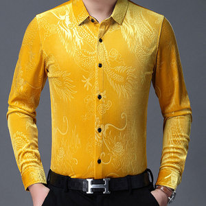 Chemise à manches longues pour hommes, vêtement de soirée Social, coupe cintrée, top décontracté de luxe, broderie Dragon <span class=keywords><strong>chinois</strong></span>, velours - Product Image 3