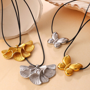 Retro Heart Butterfly Pendant Necklace Zinc Alloy Black <b>Rope</b> Unisex Sweater <b>Chain</b> 10cm Extended - Product Image 3