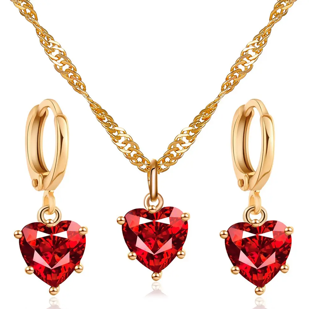 Vendita calda oro placcato collana di orecchini di cristallo cuore rosso Set di gioielli per le donne ragazze ogni giorno