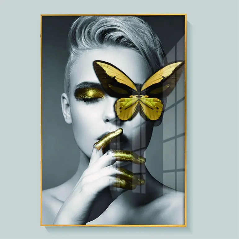 Modern Butterfly Character Crystal Porcelain Painting Work with Aluminium Metal Framed Art Wall Gold High Quality Oil Carton