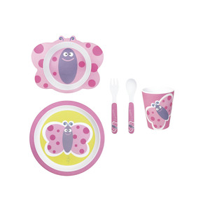 Melamine Butterfly Baby Dinner Set 5 Piece <b>Kids</b> <b>Dining</b> Utensils Plate Cup Fork Spoon - Product Image 1